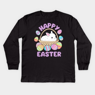 Happy easter a cute little Easter bunny in a basket surrounded by easter eggs Kids Long Sleeve T-Shirt